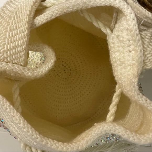 Artisan Boho Crochet Macrame Drawstring Ivory Bag with Tassels and Rhinestones - Picture 8 of 12